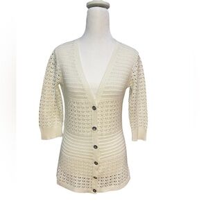 DKNY Women's Crochet V-Neck 3/4 Sleeve Button Up Cardigan